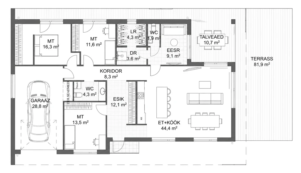 Tüüpprojekt EPM-1 põhiplaan: 3 magamistuba, kasulik pind 158,2 m²