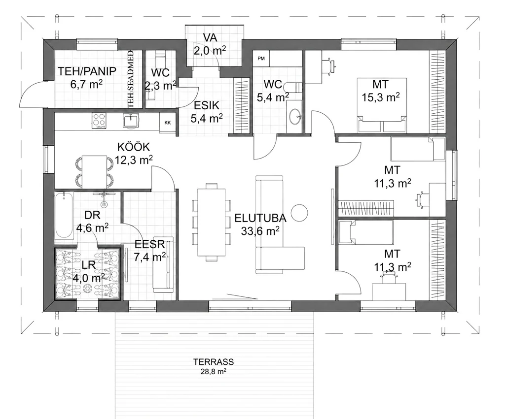 Tüüpprojekt EPM-2 põhiplaan: 3 magamistuba, kasulik pind 119,6 m²